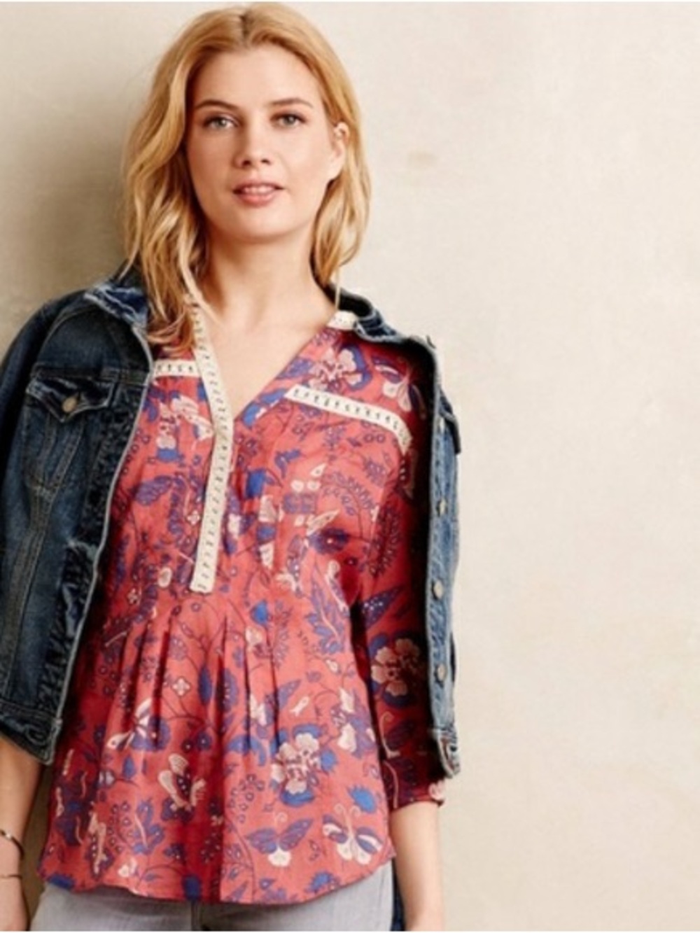 Anthropologie Maeve Abella Pintuck Floral Blouse | Crochet Trim | Size 4